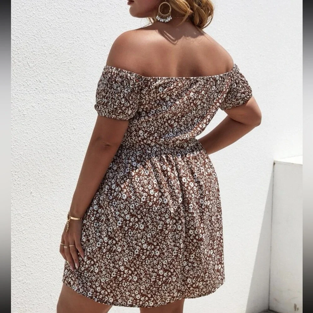 RESERVED|NWT| XL| SUNNY EARTHY NEUTRAL OFF SHOULDER DRESS| NEW - Picture 3 of 9